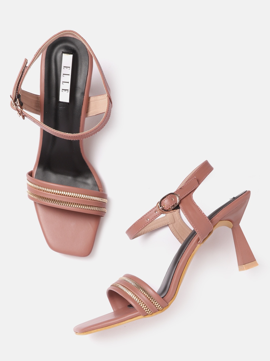 

ELLE Peach-Coloured & Gold-Toned Striped Link Embellished Block Heels