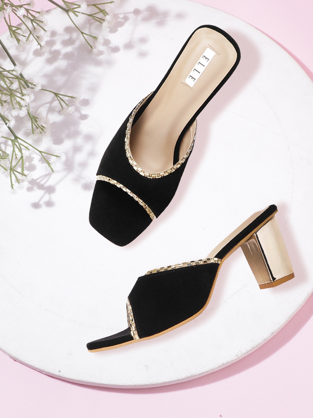 

ELLE Black & Gold-Toned Velvet Finish Block Heels with Embellished Detail