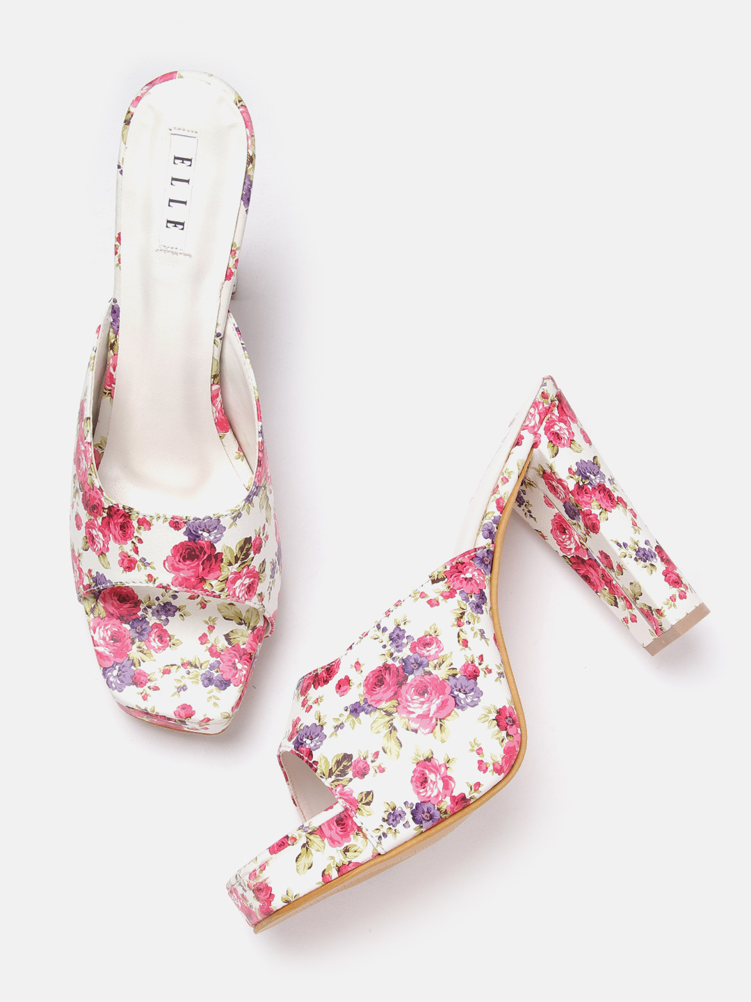 

ELLE Floral Printed Block Heels, White