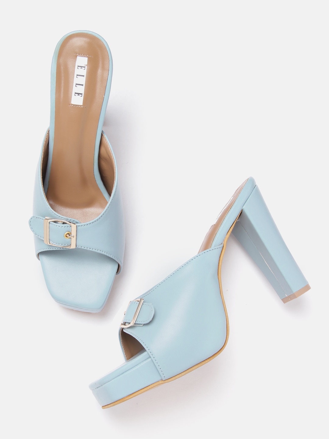 

ELLE Solid Buckle Detail Block Heels, Blue
