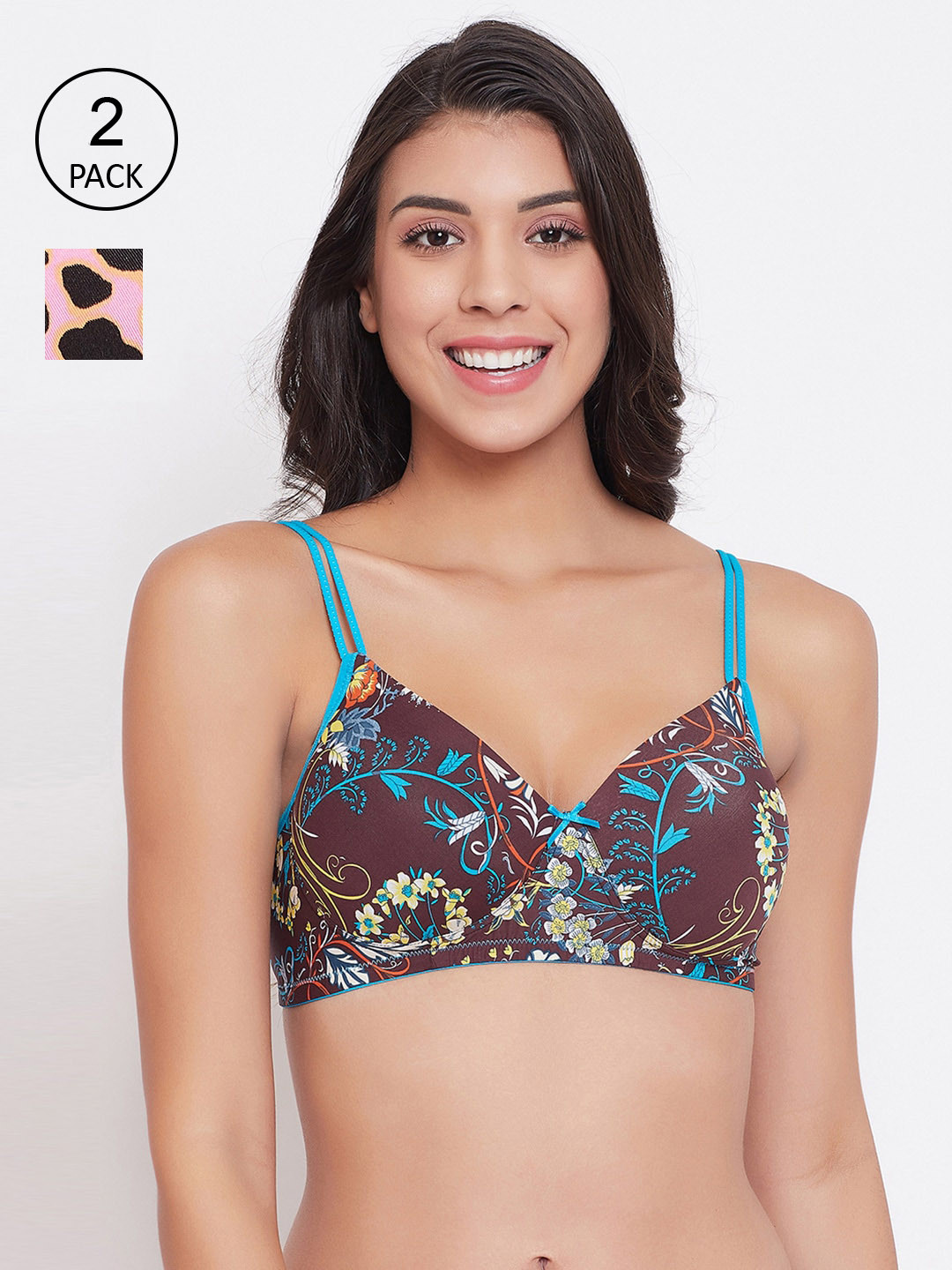 

Clovia Blue & Pink Pack of 2 Padded Full Coverage Printed T-Shirt Bra COMBR110332B
