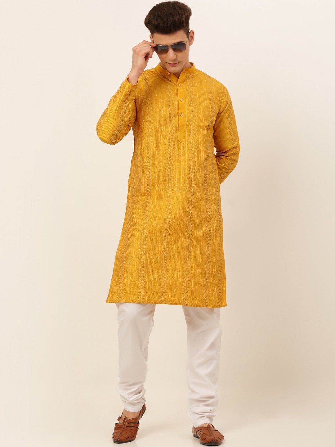 

Jompers Men Mustard Yellow Embroidered Sequinned Kurta with Churidar Set
