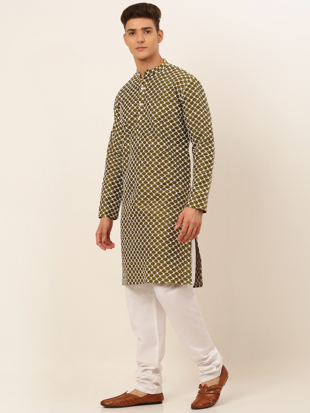 

Jompers Men Olive Green Printed Kurti with Churidar