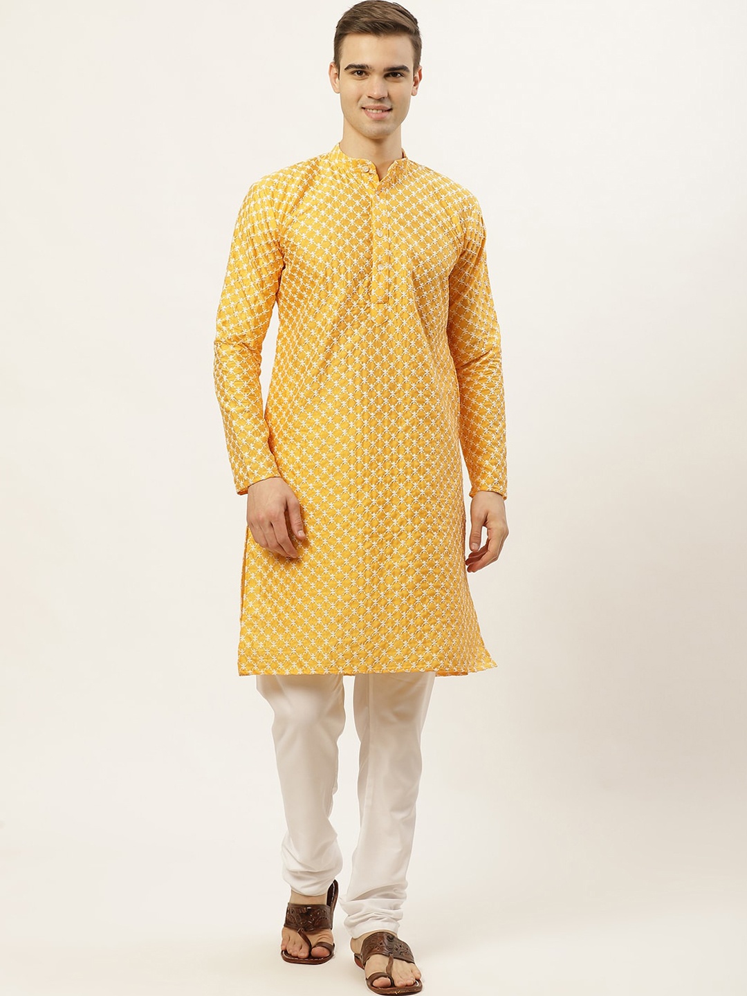 

Jompers Men Mustard Yellow Floral Embroidered Thread Work Kurta with Pyjama
