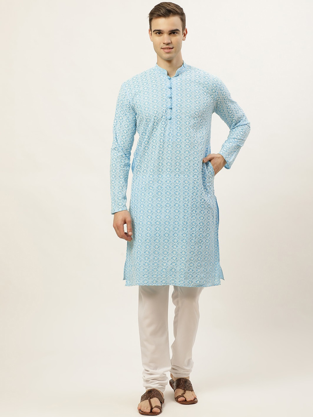 

Jompers Men Turquoise Blue Embroidered Angrakha Chikankari Pure Cotton Kurta with Churidar