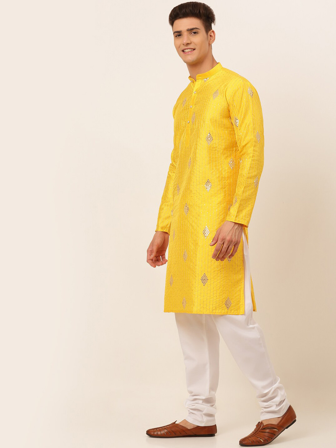 

Jompers Men Mustard Yellow Sequinned Kurta with Churidar