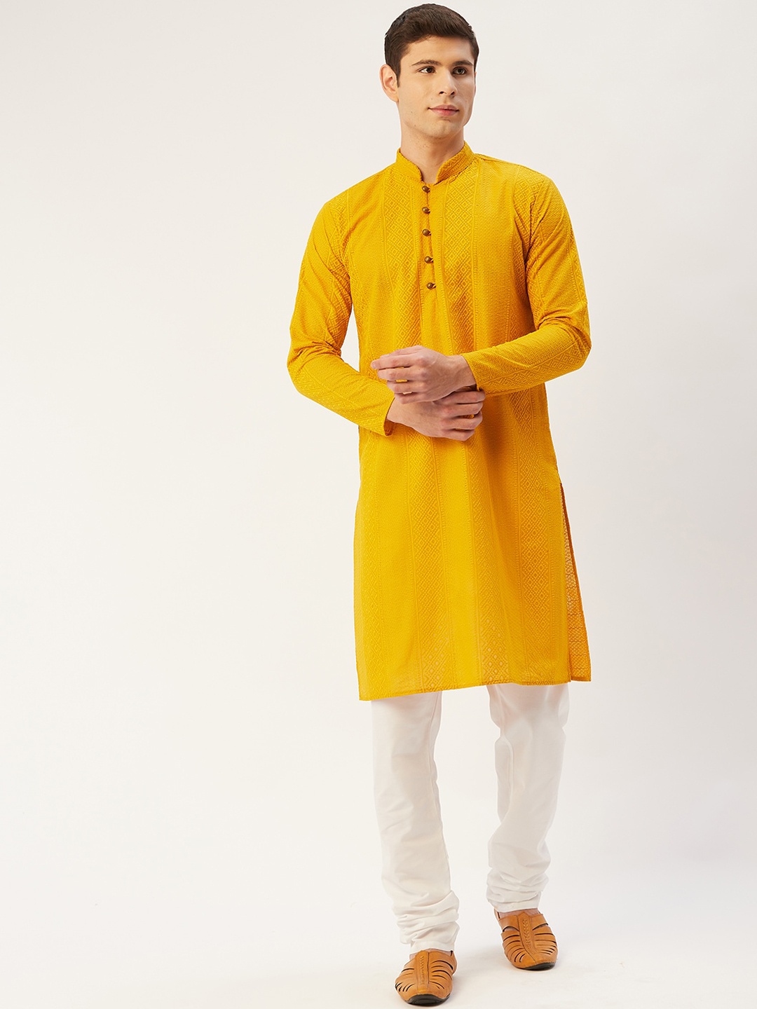 

Jompers Men Mustard Yellow Chikankari Pure Cotton Kurta with Pyjamas