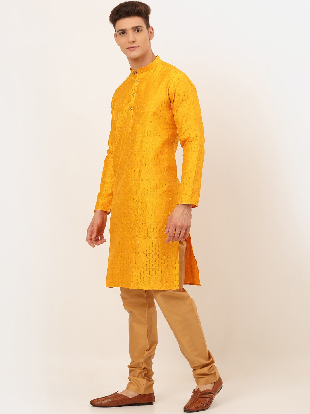 

Jompers Men Mustard Yellow Embroidered Kurta With Pyjamas Sets