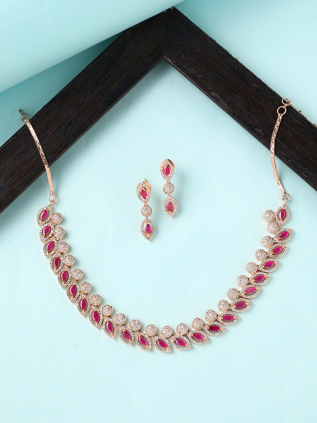 

Yellow Chimes Rosegold Plated AD/American Diamond Studded Pink Crystal Jewellery Set, Rose gold
