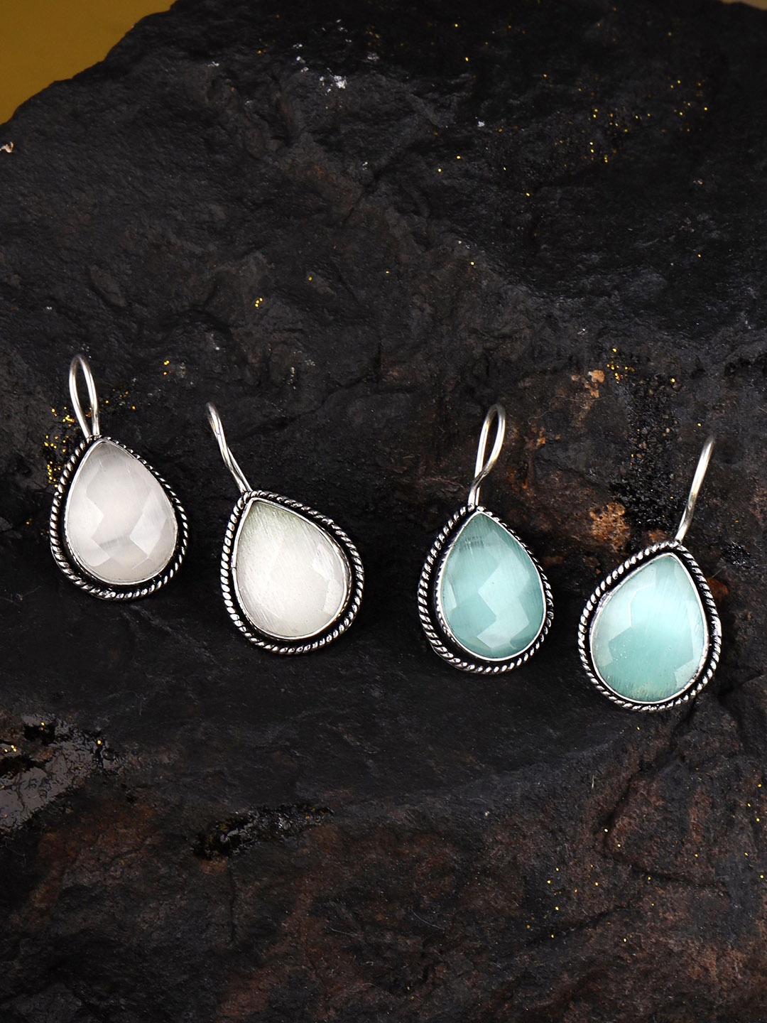 

Yellow Chimes Silver Oxidised White and Blue Crystal Studded Tear Drop Earrings