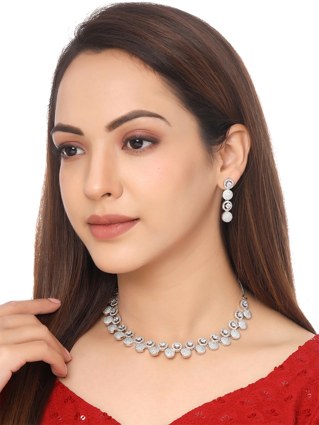 

Yellow Chimes Rhodium Plated AD/American Diamond Studded White Crystal Jewellery Set, Silver