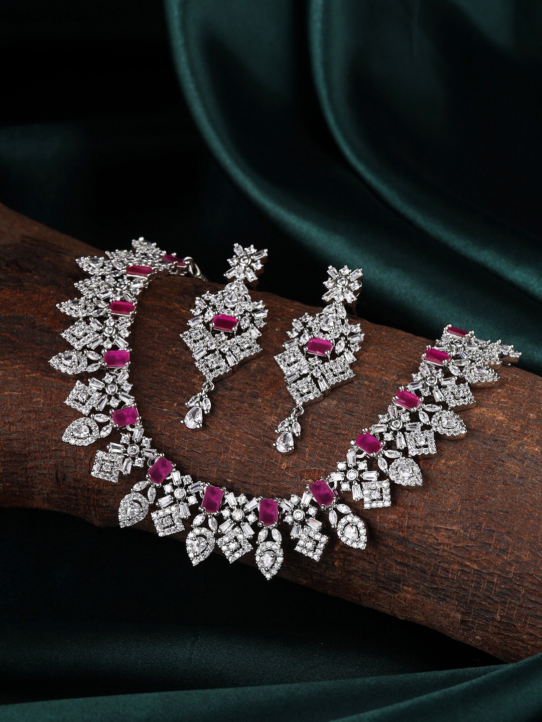 

Yellow Chimes Rhodium Plated AD/American Diamond Studded Pink Crystal Jewellery Set