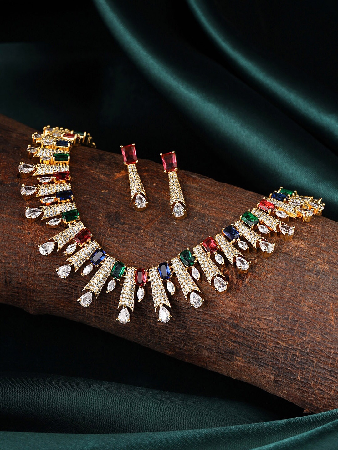 

Yellow Chimes Gold Plated AD/American Diamond Studded Multicolor Crystal Jewellery Set