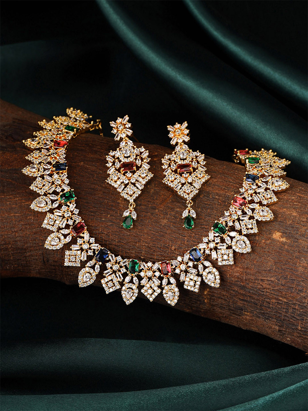 

Yellow Chimes Gold Plated AD/American Diamond Studded Multicolor Crystal Jewellery Set