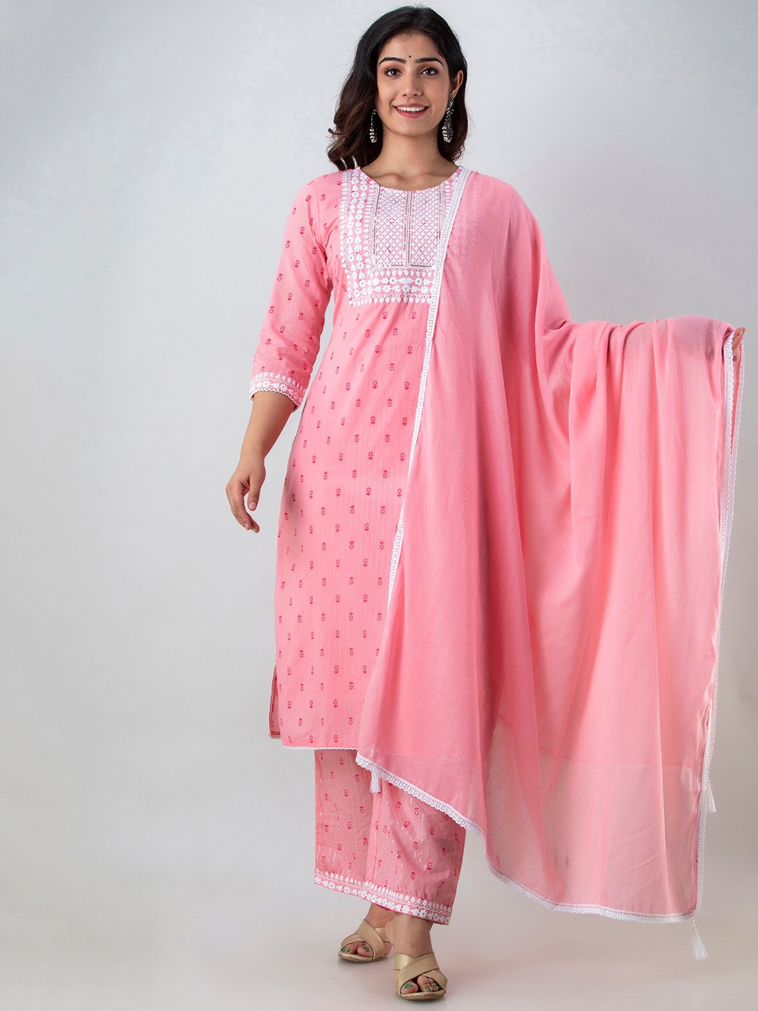 

Charu Women Pink Floral Embroidered Pure Cotton Kurta with Trousers & Dupatta Set