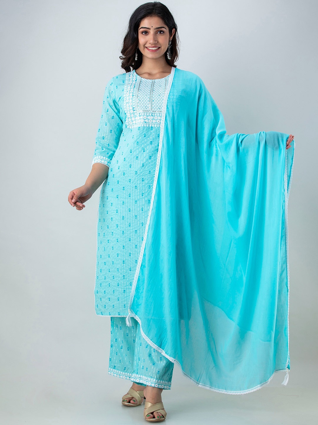 

Charu Women Turquoise Blue Floral Embroidered Panelled Thread Work Pure Cotton Kurta with Palazzos & With
