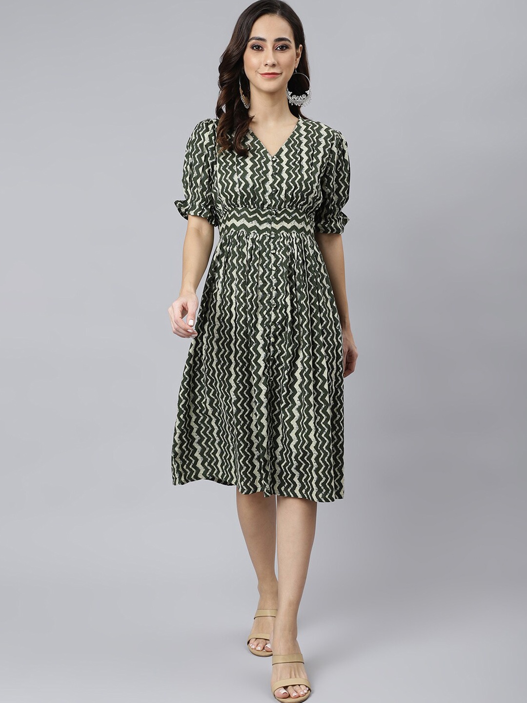 

Janasya Olive Green Chevron Printed A-Line Dress