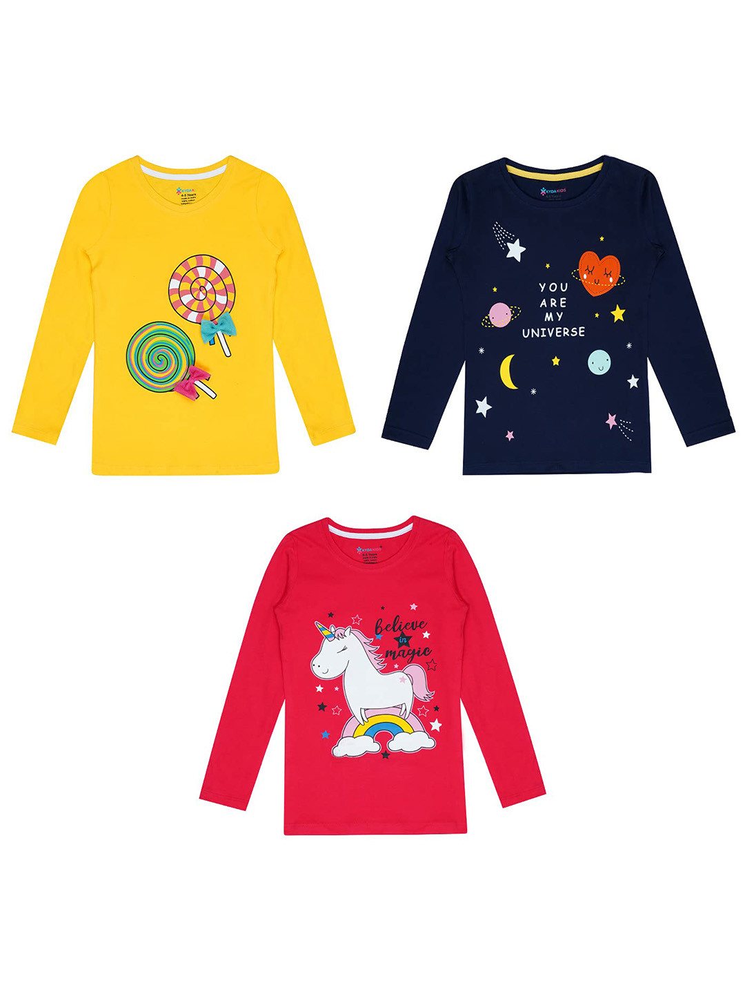 

KYDA KIDS Girls Navy Blue & Yellow Pack Of 3 Printed Applique T-shirts