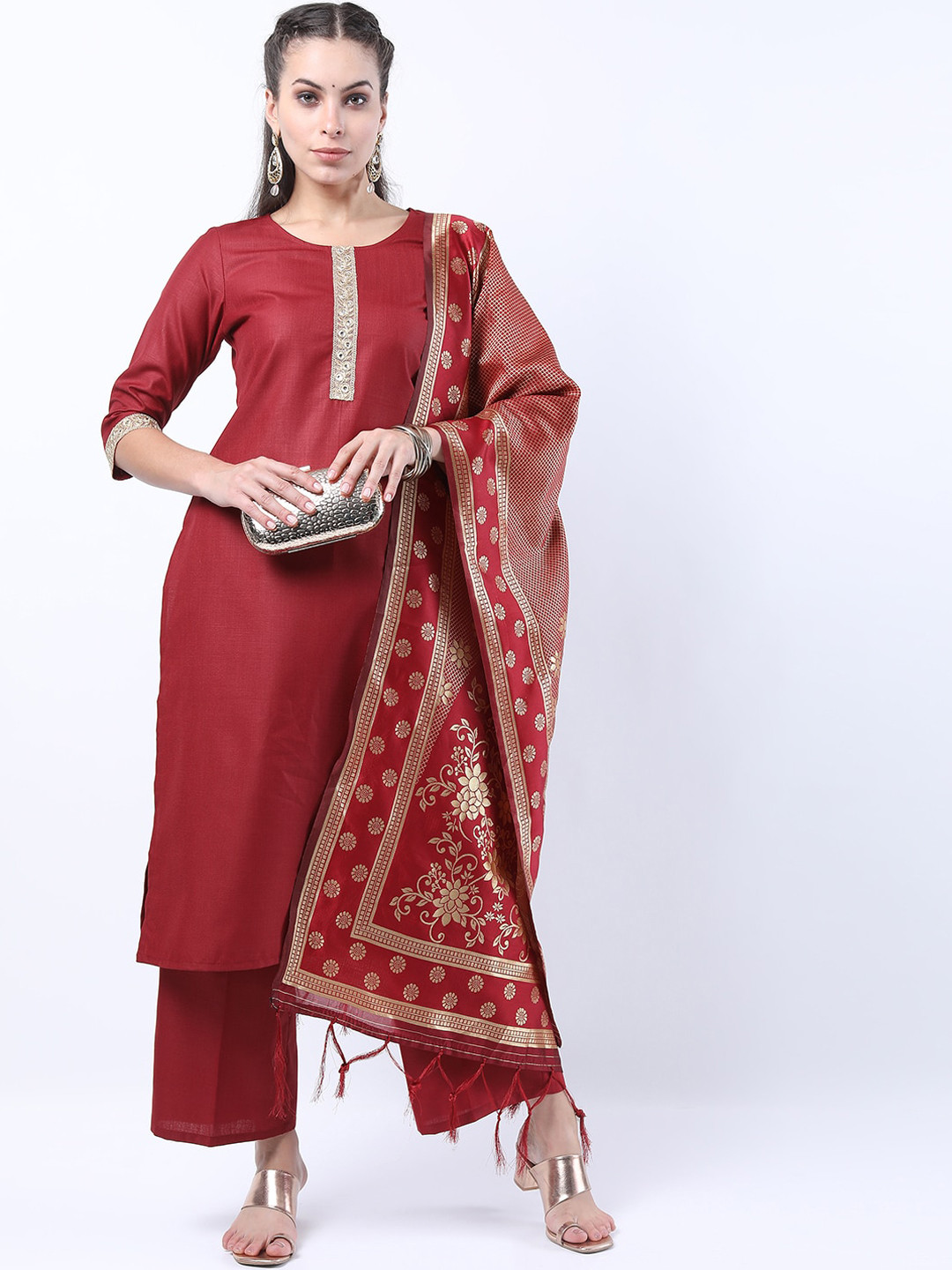 

KETCH Women Red Straight Kurta with Palazzo & With Dupatta