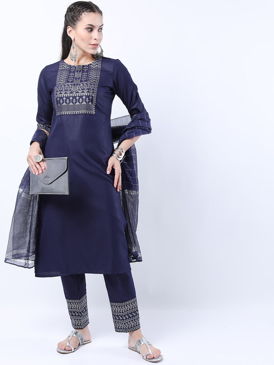 

KETCH Women Navy Blue Geometric Print Yoke Design Empire Kurta With Trouser & Dupatta