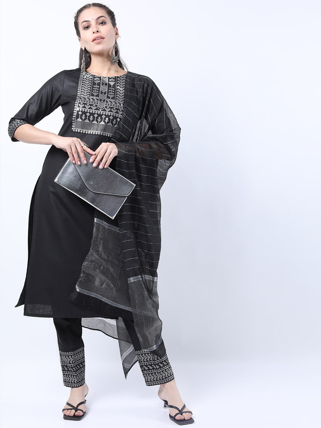 

KETCH Women Black Yoke Design Straight Kurta with Trousers & Dupatta Set