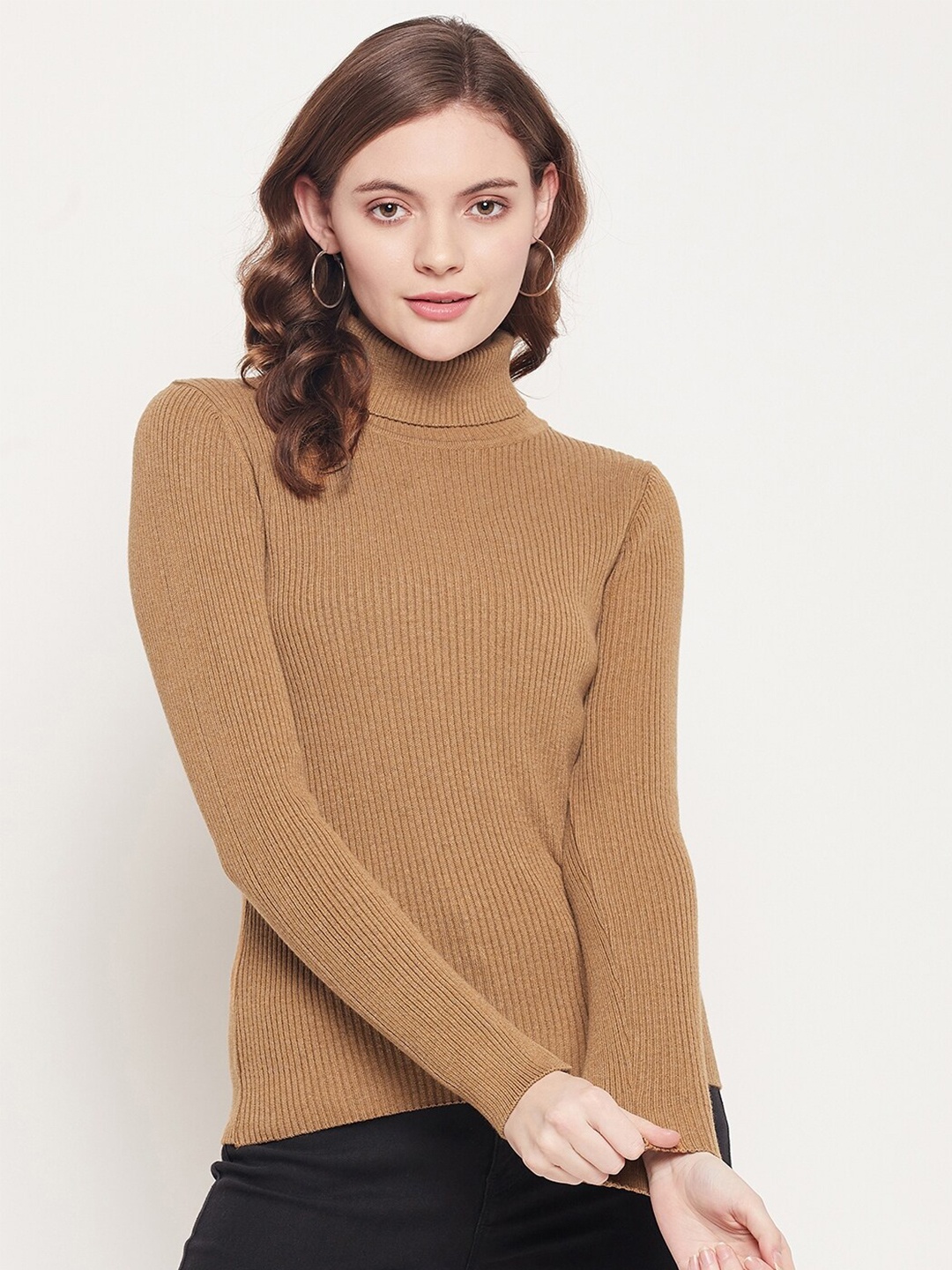 

98 Degree North Women Camel Brown Ribbed Sweater