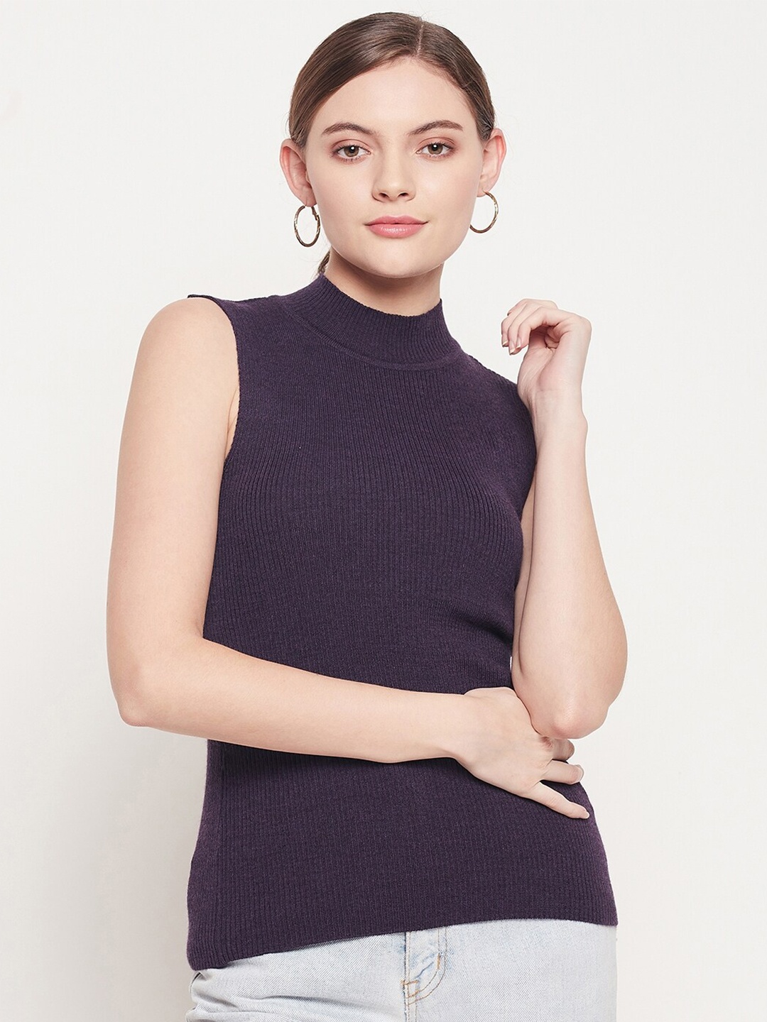 

98 Degree North Ribbed High Neck Woolen Fitted Top, Purple