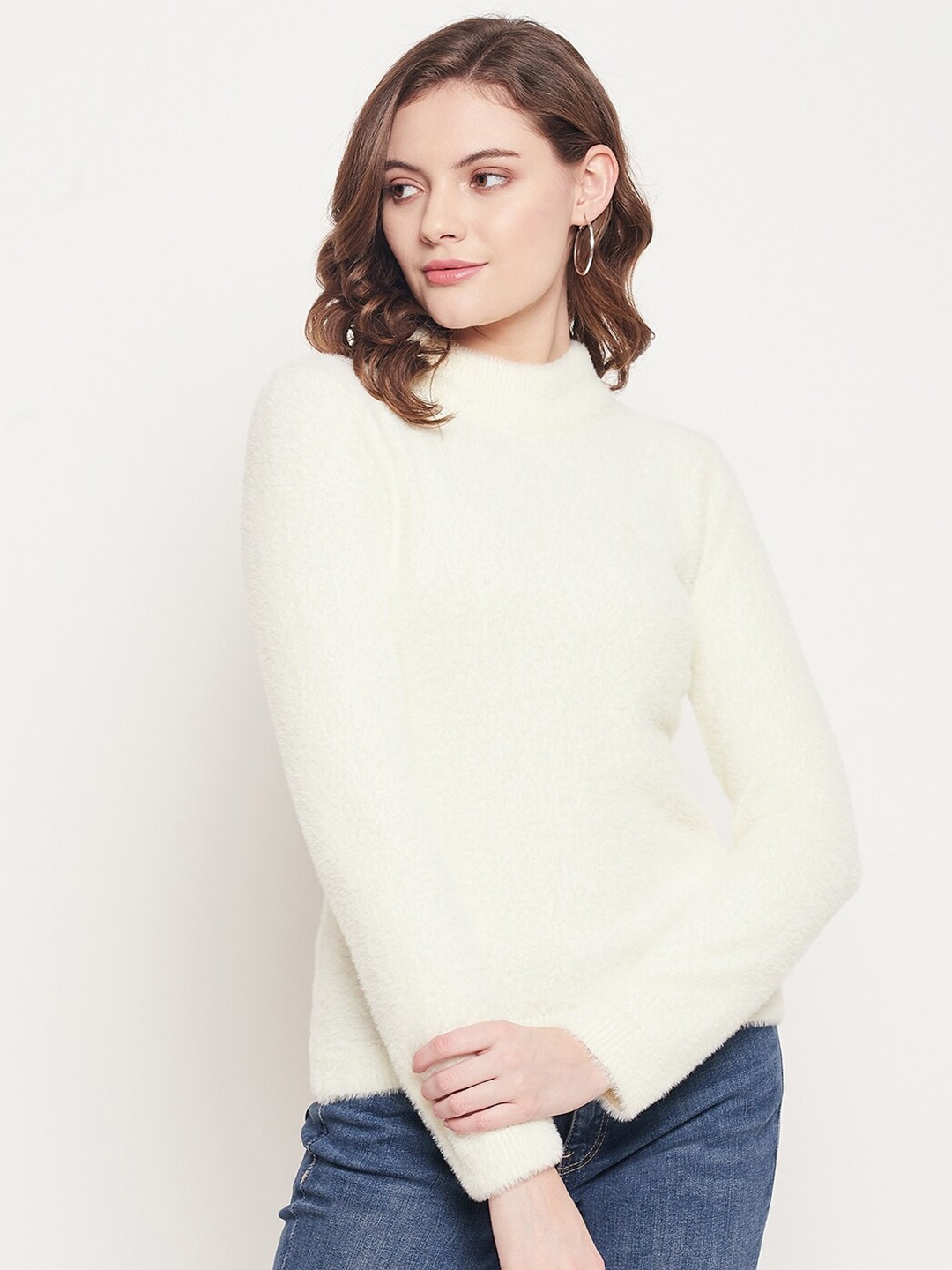 

98 Degree North Women Off White Solid Pullover