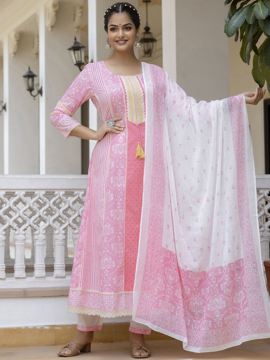 

Sangria Women Ethnic Motifs Printed Lace Insert Kurta with Trousers & With Dupatta, Pink