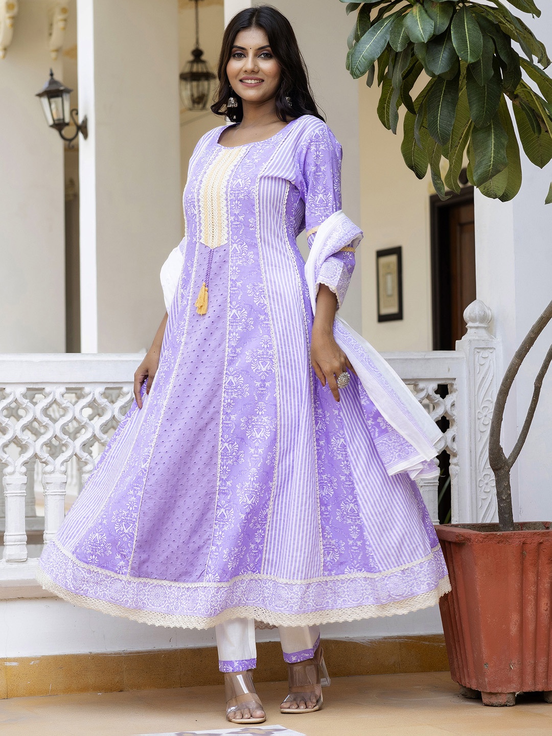 

Sangria Women Floral Printed Panelled Lace Insert Cotton Kurta with Trousers & Dupatta, Purple