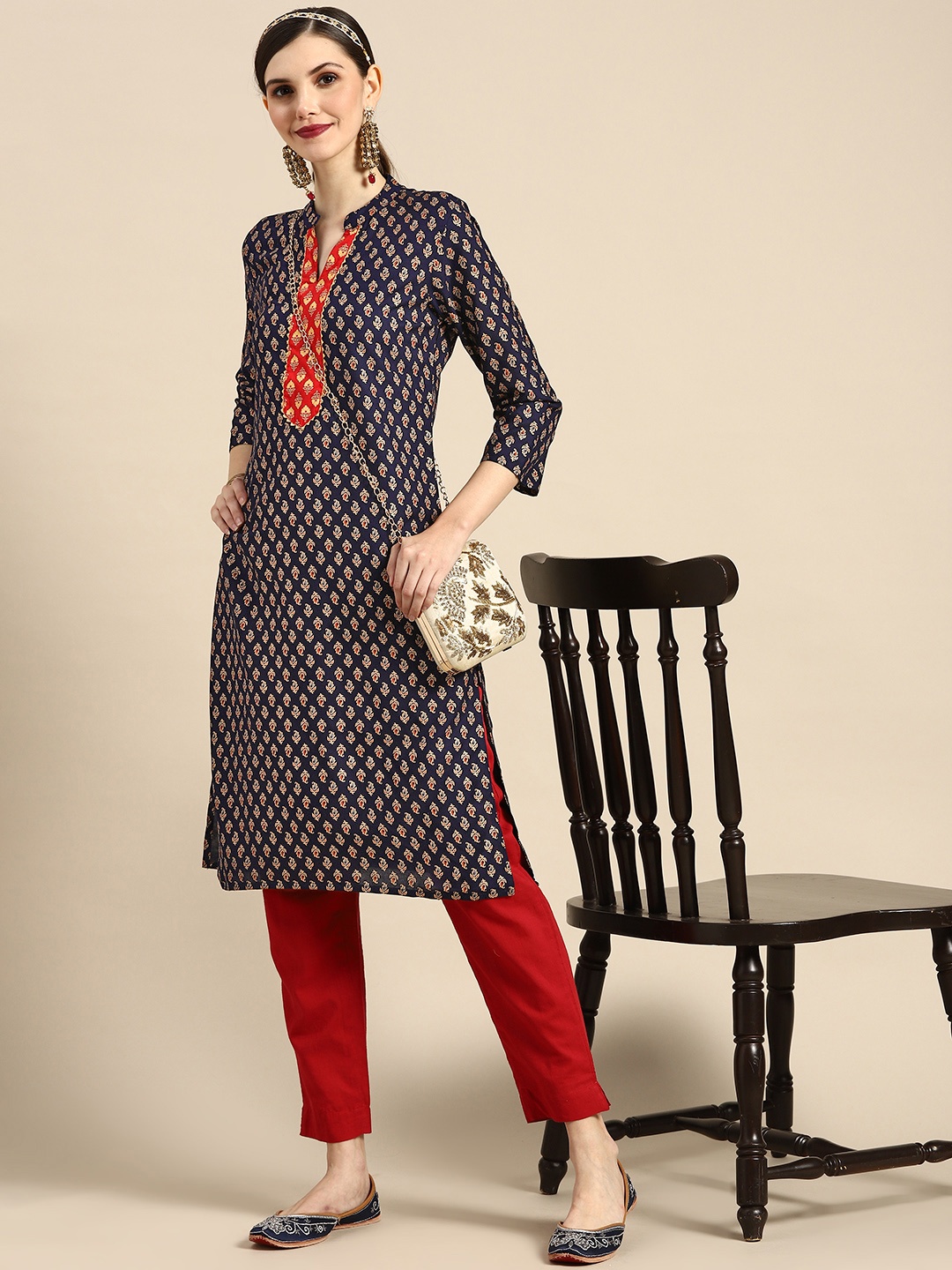 

Sangria Women Navy & Golden Ethnic Motifs Print Yoke Design Kurta, Navy blue