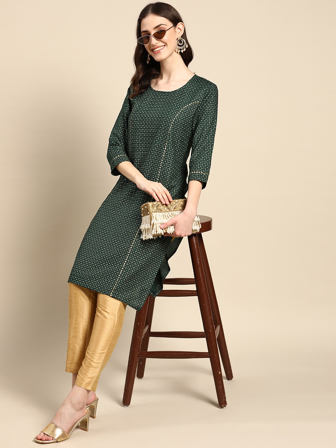 

Sangria Women Green & Grey Pure Cotton Ethnic Motifs Printed Kurta