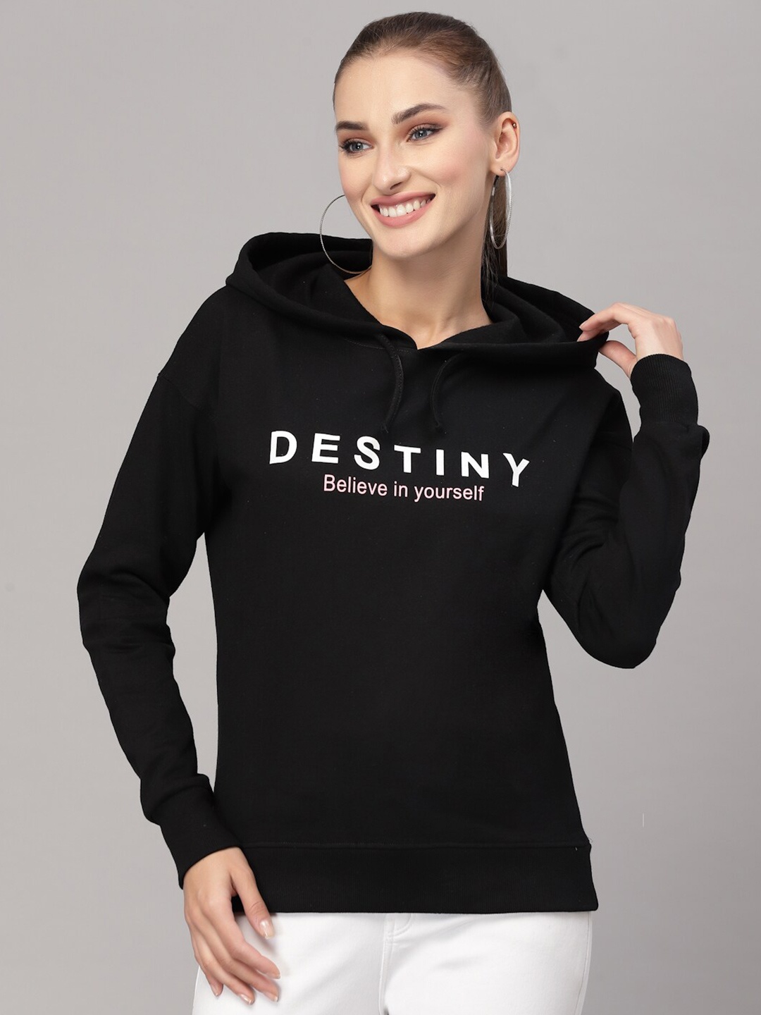

Style Quotient Women Black Printed Hooded Sweatshirt