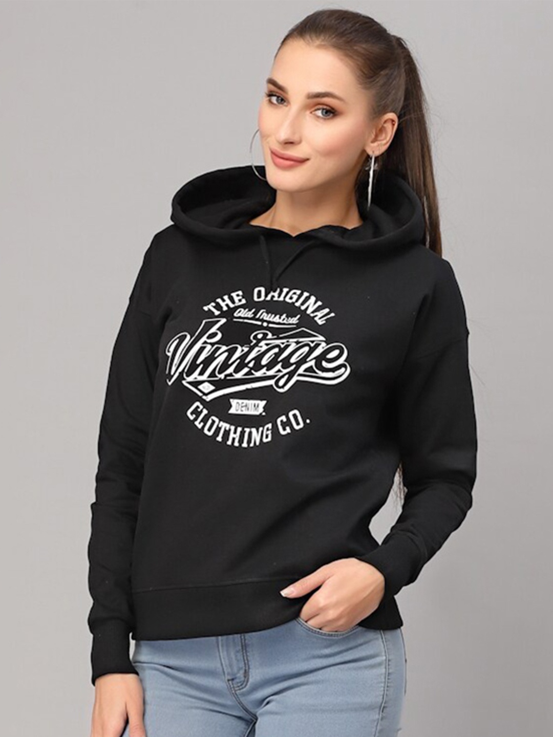 

Style Quotient Women Black Printed Hooded Sweatshirt