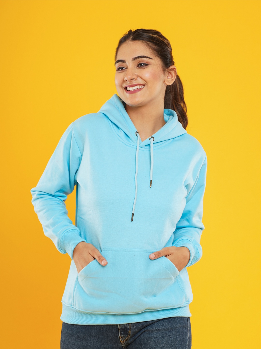 

FLAMBOYANT Women Turquoise Blue Solid Hooded Sweatshirt