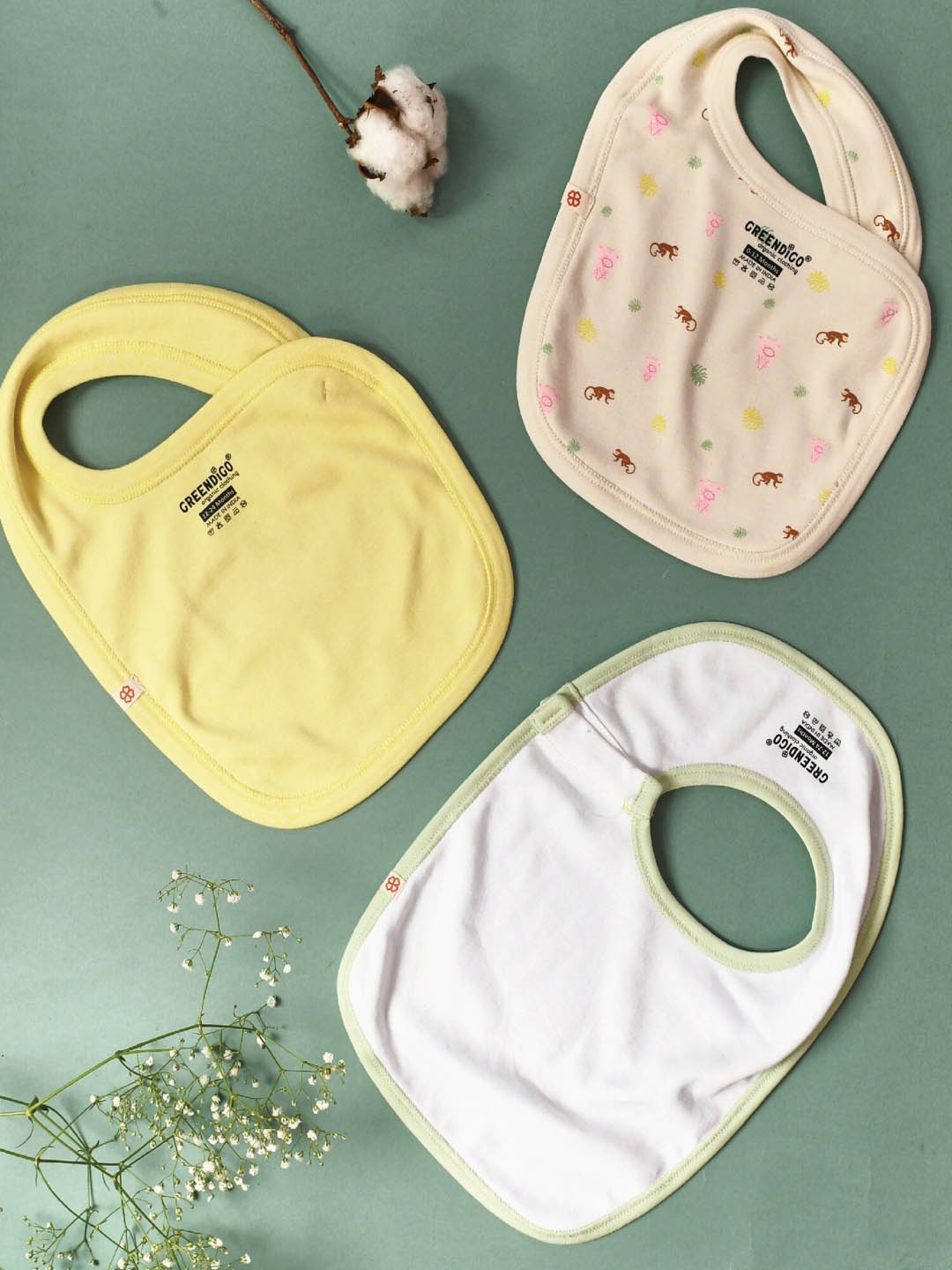 

GREENDIGO Infant Kids Pack Of 3 Printed Bibs, Yellow
