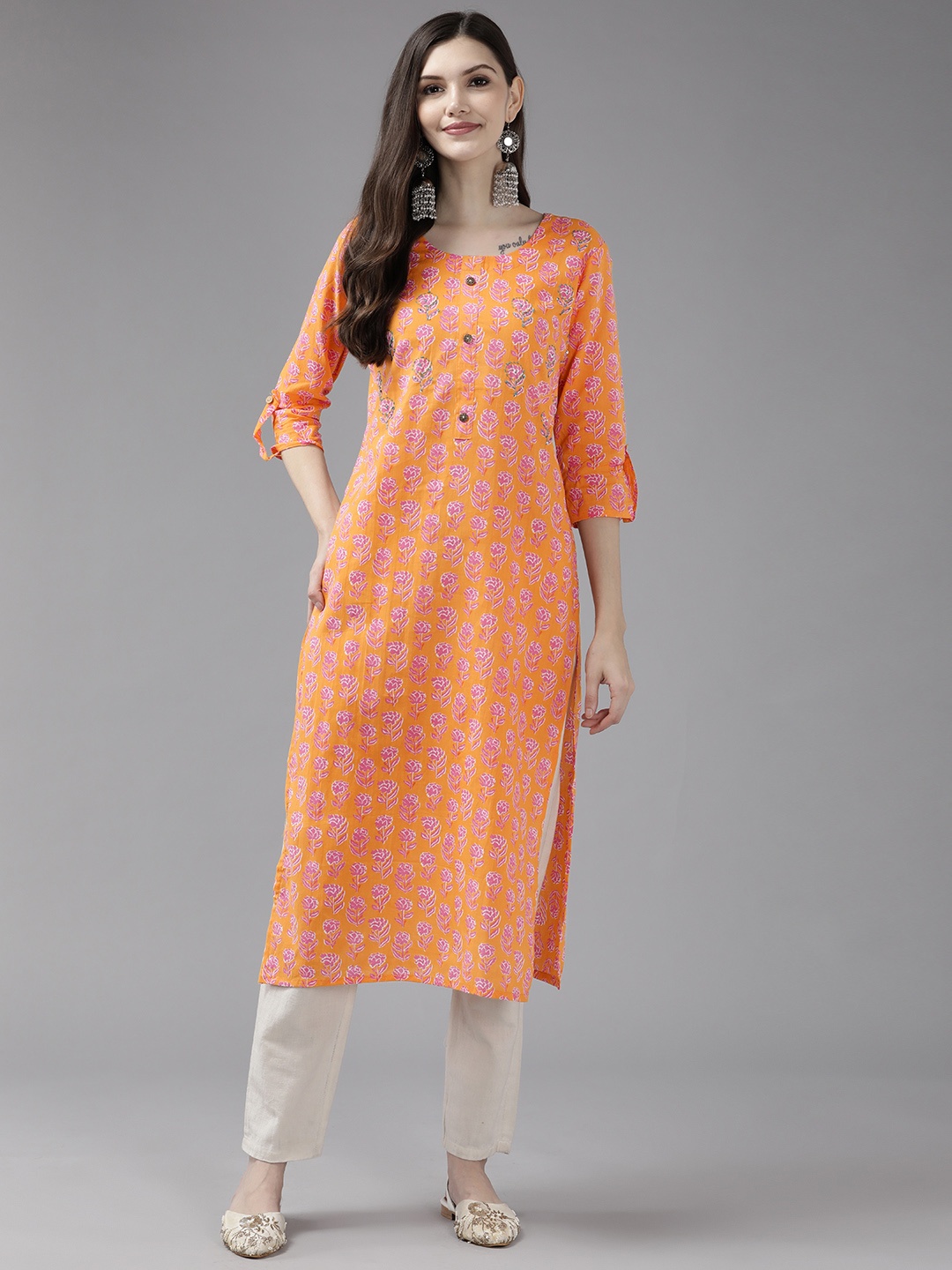 

Yufta Women Orange & Purple Floral Printed Pure Cotton Kurta