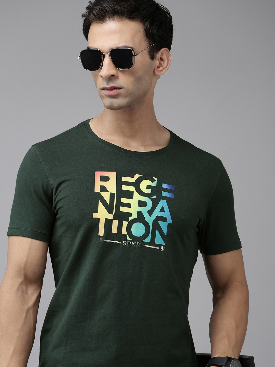 

SPYKAR Typography Printed Slim Fit T-shirt, Olive