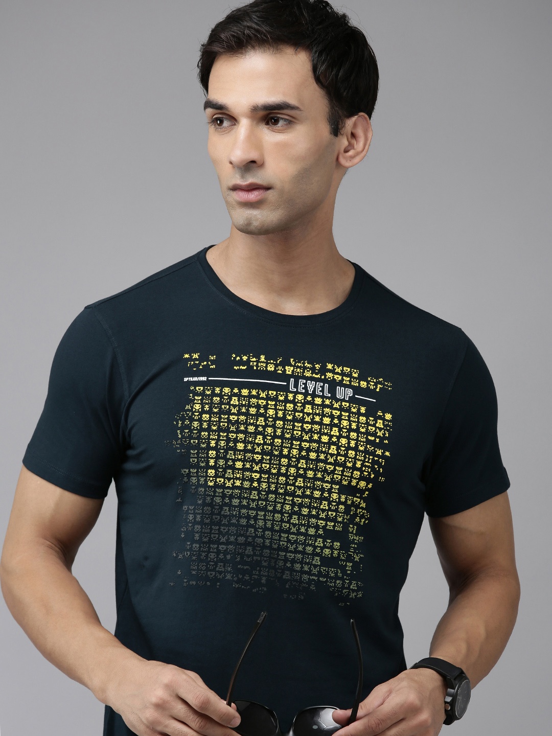 

SPYKAR Printed Pure Cotton Slim Fit T-shirt, Blue