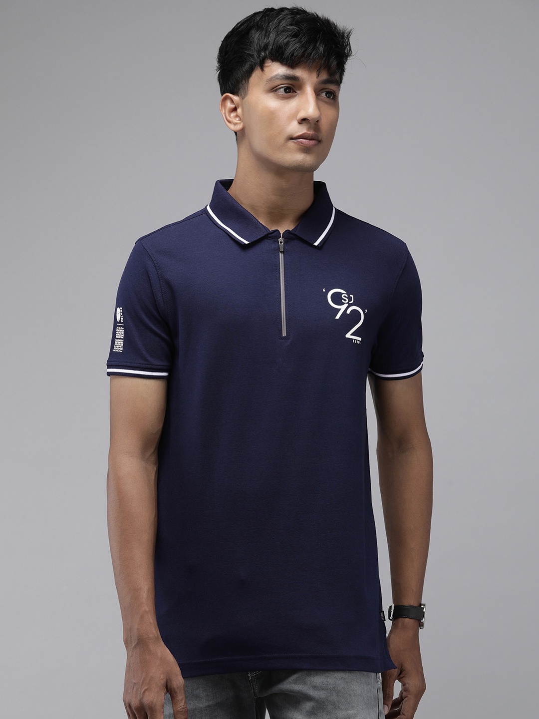 

SPYKAR Men Solid Polo Collar Casual T-shirt With Typography Detail, Navy blue