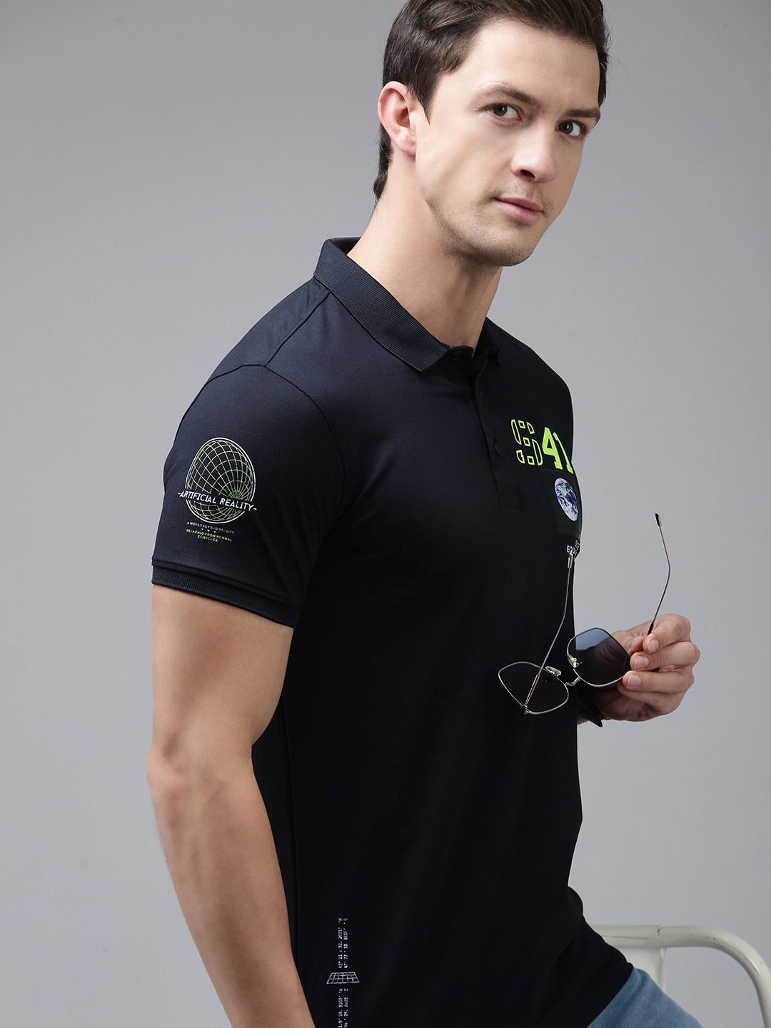 

SPYKAR Printed Polo Collar Slim Fit T-shirt, Navy blue
