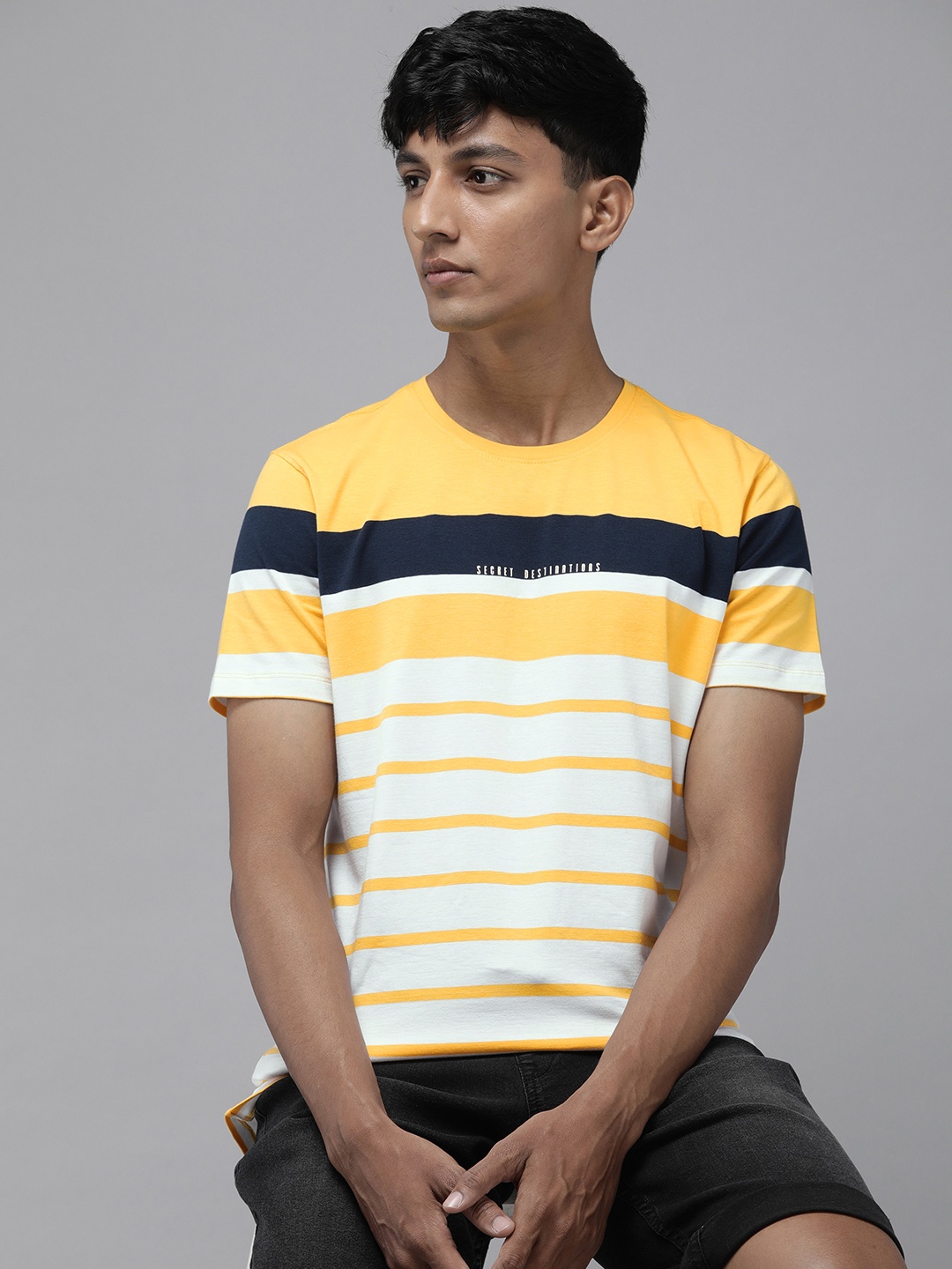 

SPYKAR Striped Slim Fit Casual T-shirt, Yellow