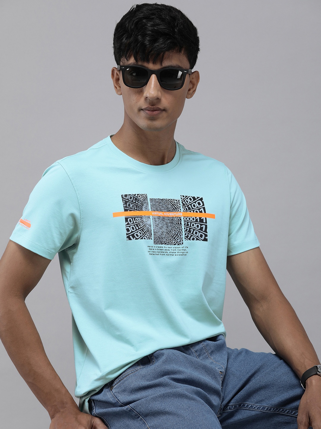 

SPYKAR Typography Printed Slim Fit Casual T-shirt, Turquoise blue