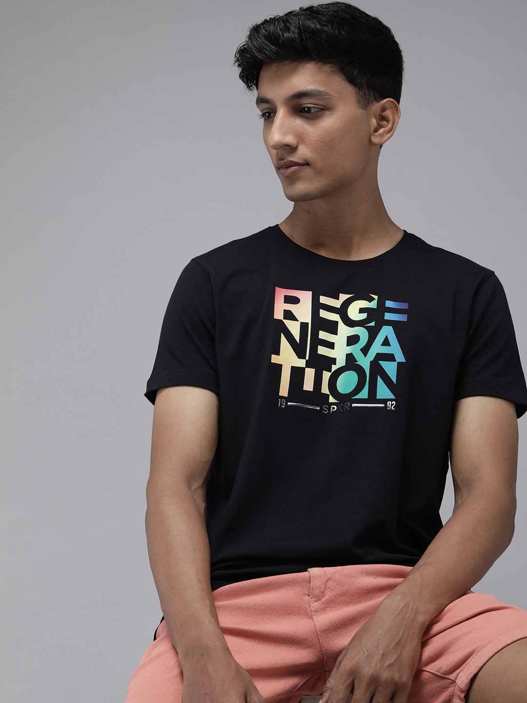 

SPYKAR Typography Printed Applique Slim Fit T-shirt, Navy blue