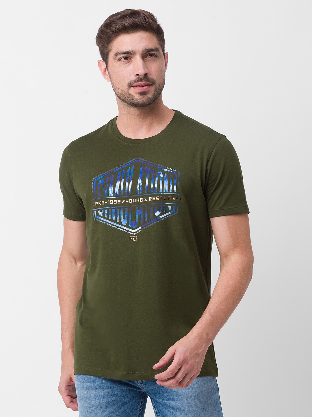 

SPYKAR Typography Printed Slim Fit Casual T-shirt, Olive