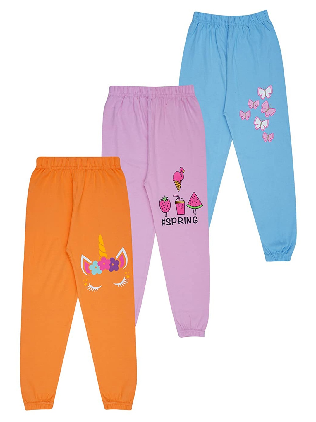 

KYDA KIDS Girls Blue & Pink Pack Of 3 Printed Cotton Joggers