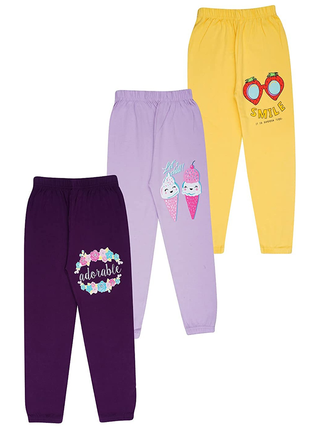 

KYDA KIDS Girls Purple & Yellow Pack Of 3 Printed Cotton Joggers