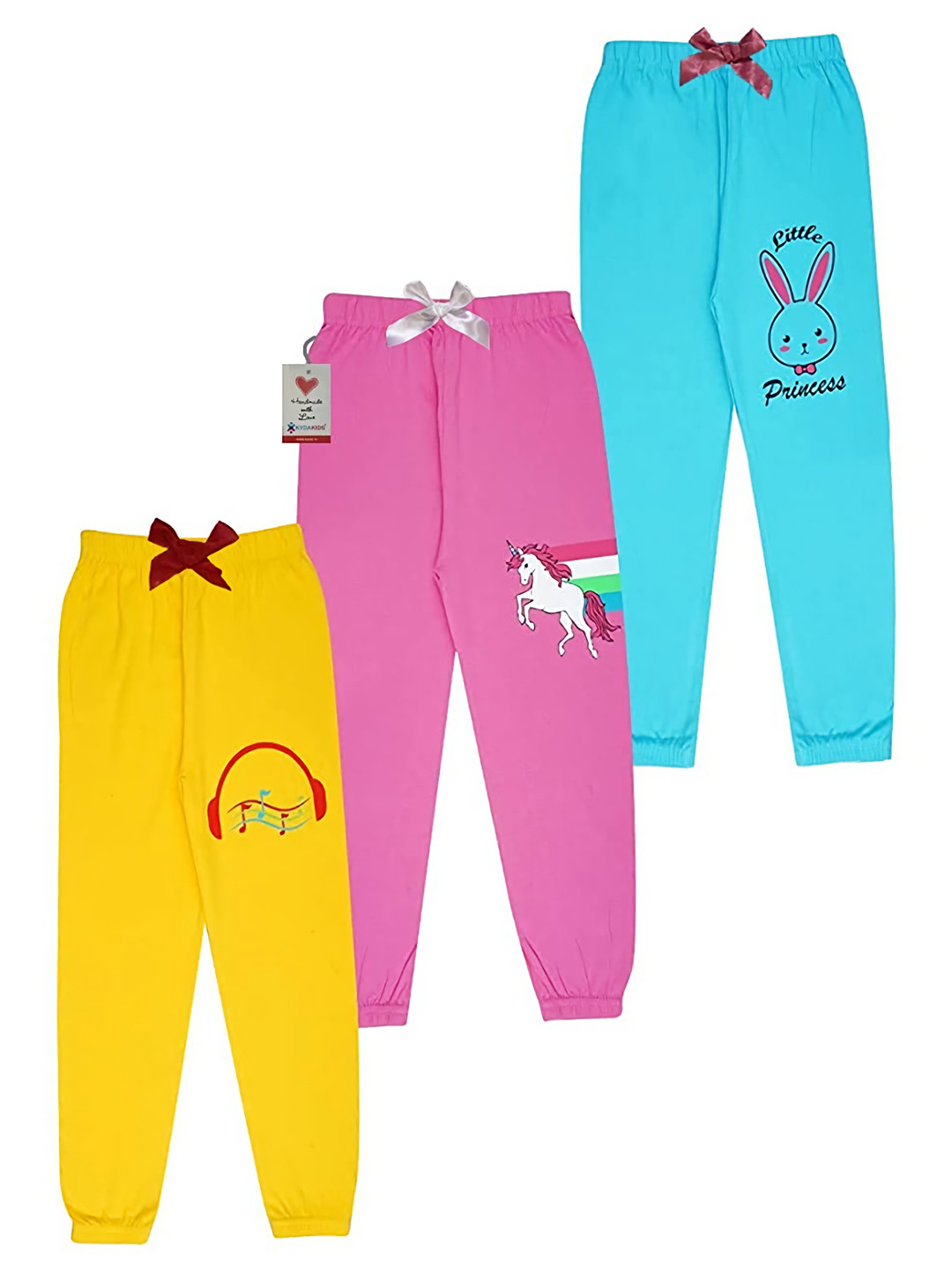 

KYDA KIDS Girls Yellow & Pink Pack Of 3 Printed Cotton Joggers