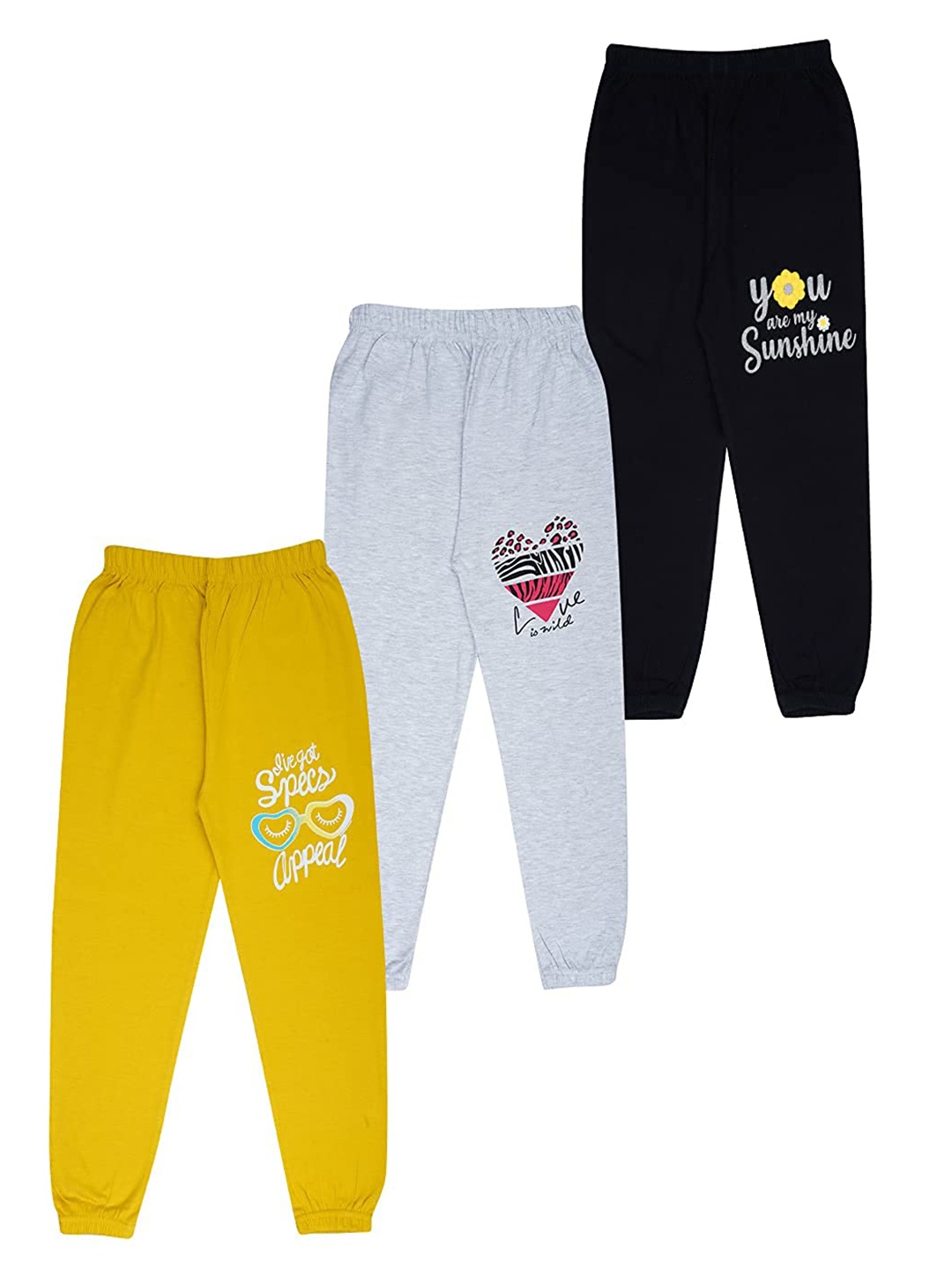 

KYDA KIDS Girls Yellow & Black Pack Of 3 Printed Cotton Joggers