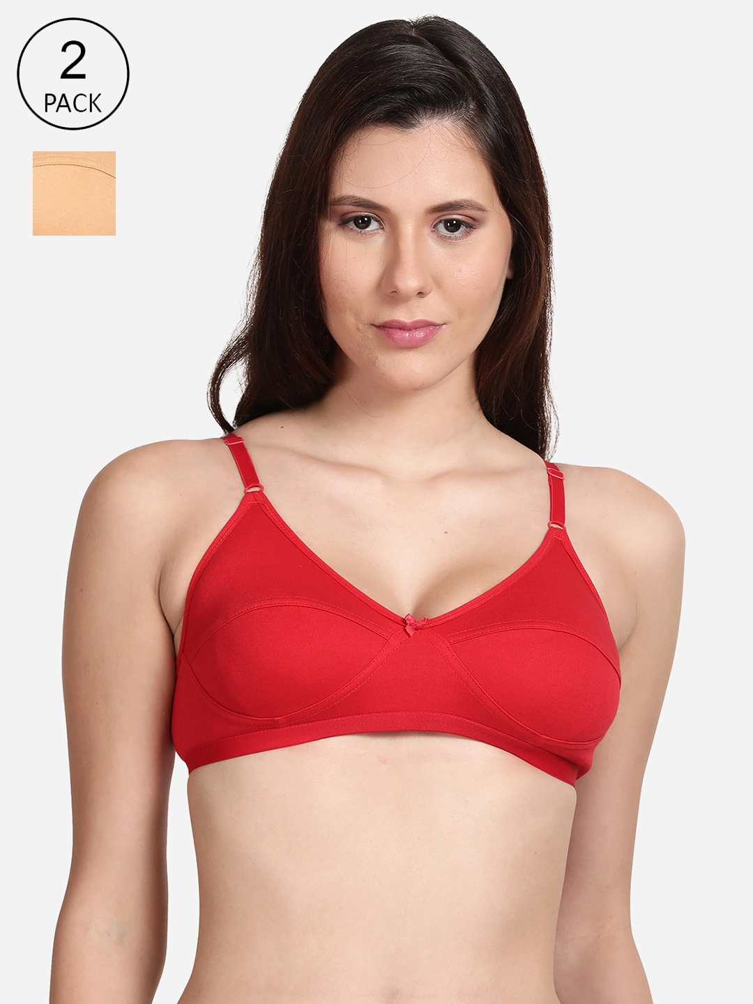

shyaway Pack of 2 Women Nude-Coloured & Red Non-Wired Bra